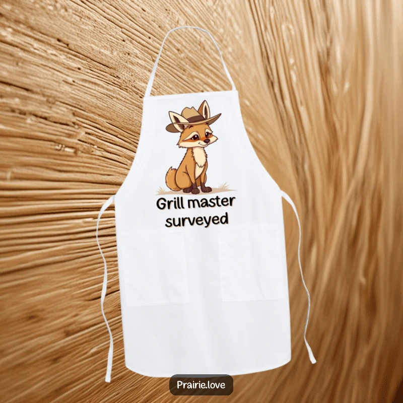 Funny Coyote Ranger Apron: A determined coyote in a ranger hat, ready to oversee culinary tasks with a humorous, watchful attitude.
