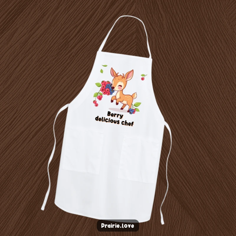 Funny apron with a bouncing deer happily nibbling on illustrated berries, ready for culinary creations.