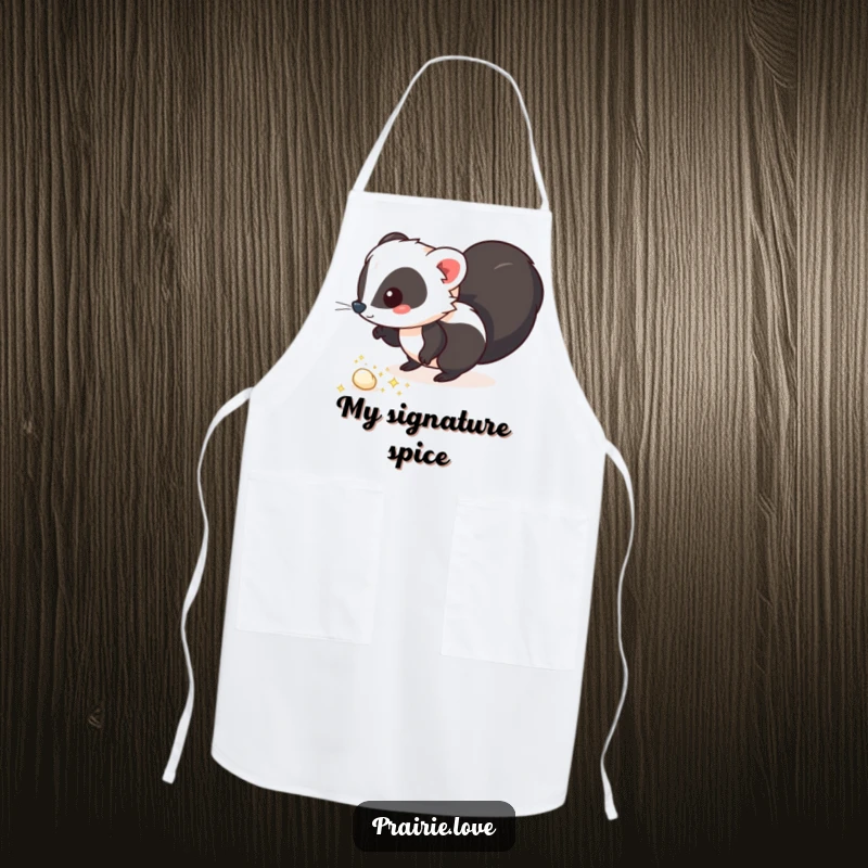 Funny apron featuring a whimsical skunk leaving a trail of sparkling, aromatic puffs, perfect for kitchen fun and a humorous touch.