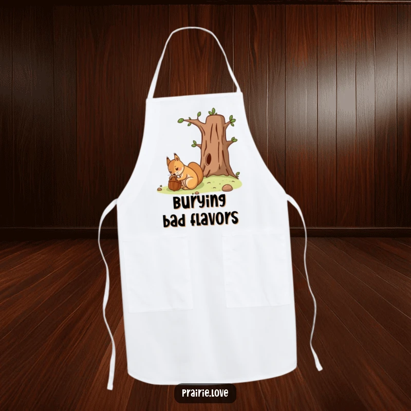 Funny apron with a determined squirrel burying an acorn near a stylized tree, ready for culinary tasks.