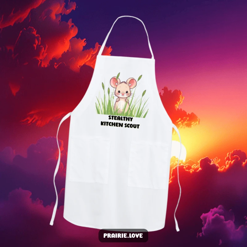 Funny apron featuring a sweet mouse peeking from tall, wispy prairie grass, perfect for culinary fun and a touch of humor.