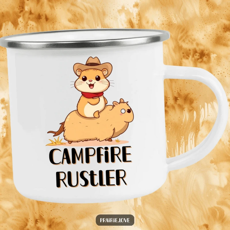 Funny prairie dog cowboy camping mug, a cheerful prairie dog in a tiny cowboy hat riding a galloping tumbleweed, for outdoor adventures.