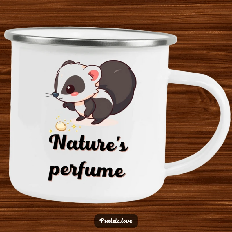 Funny enamel camping mug with a whimsical skunk leaving a trail of sparkling, aromatic puffs, ideal for outdoor enthusiasts who love humor.