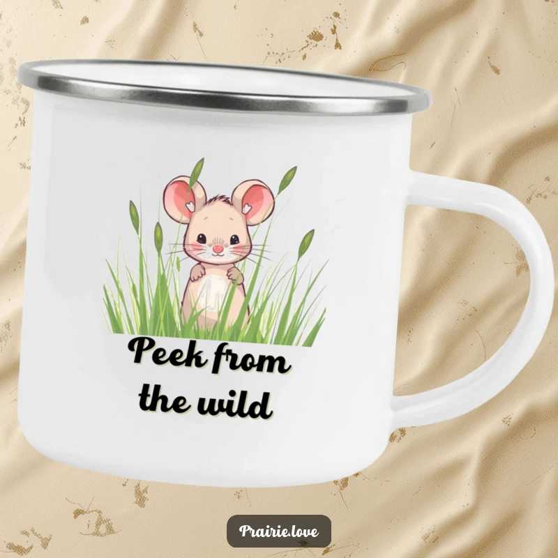 Funny enamel camping mug with a sweet mouse peeking from tall, wispy prairie grass, ideal for outdoor enthusiasts who love humor.