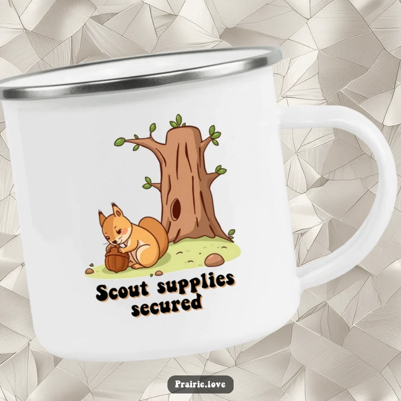 Funny camping mug with a determined squirrel burying an acorn near a stylized tree, ready for the wild.