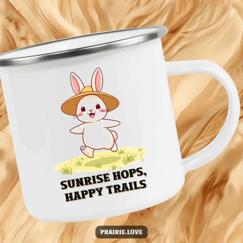 Funny Rabbit Camping Mug: A happy rabbit with a straw hat, perfect for enjoying drinks outdoors with a cheerful vibe.