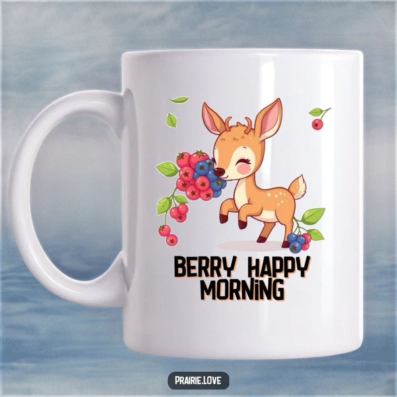 Funny mug featuring a bouncing deer happily nibbling on a cluster of illustrated berries, radiating woodland charm.