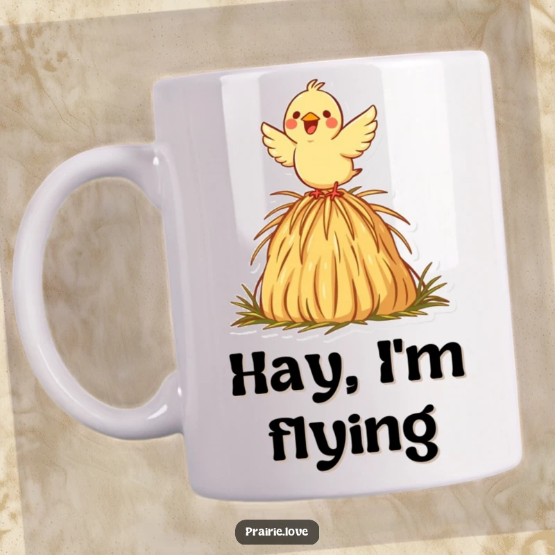 Funny mug with a joyful bird taking flight from a decorative haystack icon, symbolizing freedom and a cheerful start.