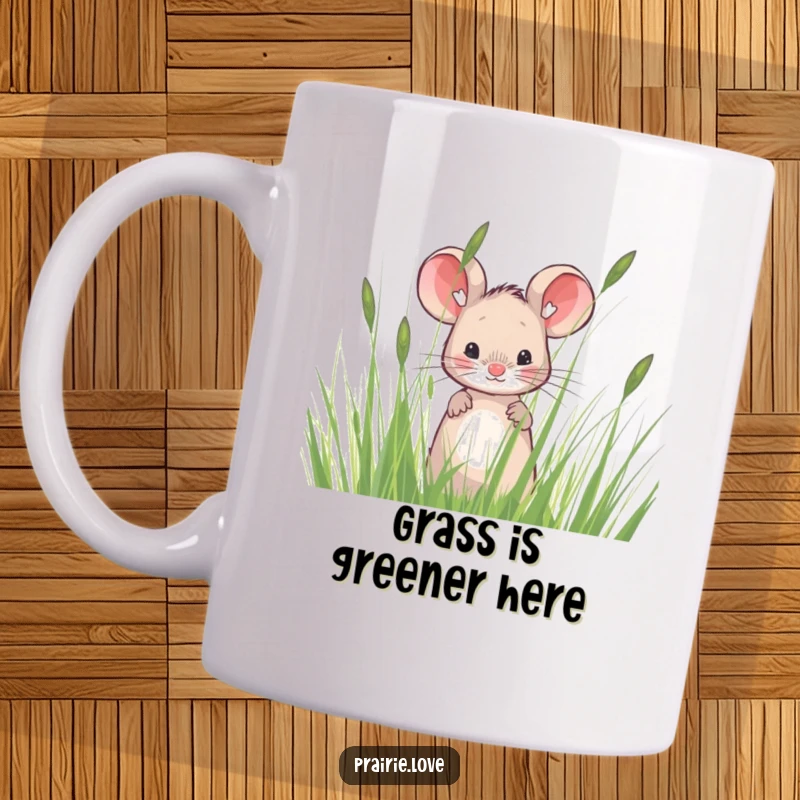 Funny mouse peeking playfully from behind tall, wispy prairie grass, embodying a curious and sweet personality. A perfect gift.