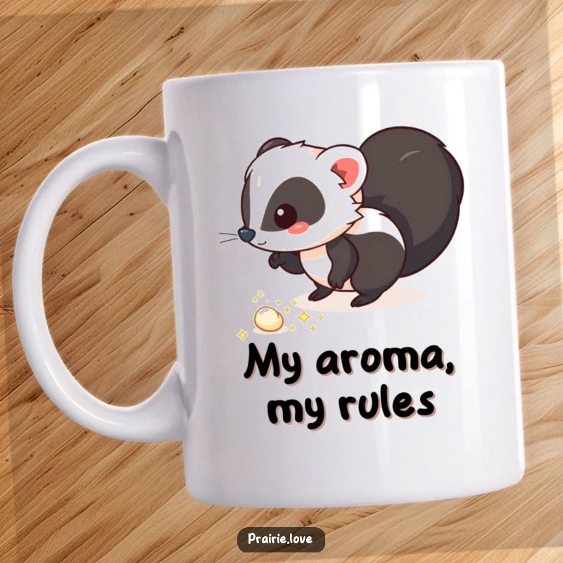 Funny mug showcasing a whimsical skunk leaving a trail of sparkling, aromatic puffs, representing a playful and memorable presence.