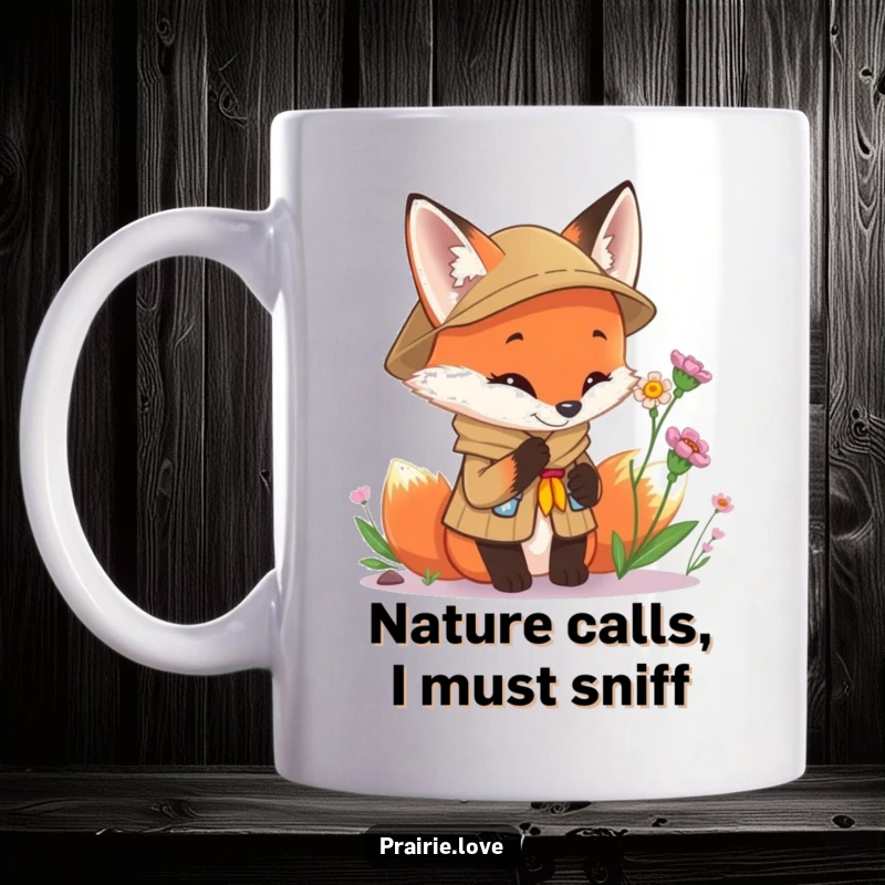 Funny Scout Fox Mug: A curious fox in a scout uniform intently examines a delicate wild flower, showcasing a playful and intelligent personality.