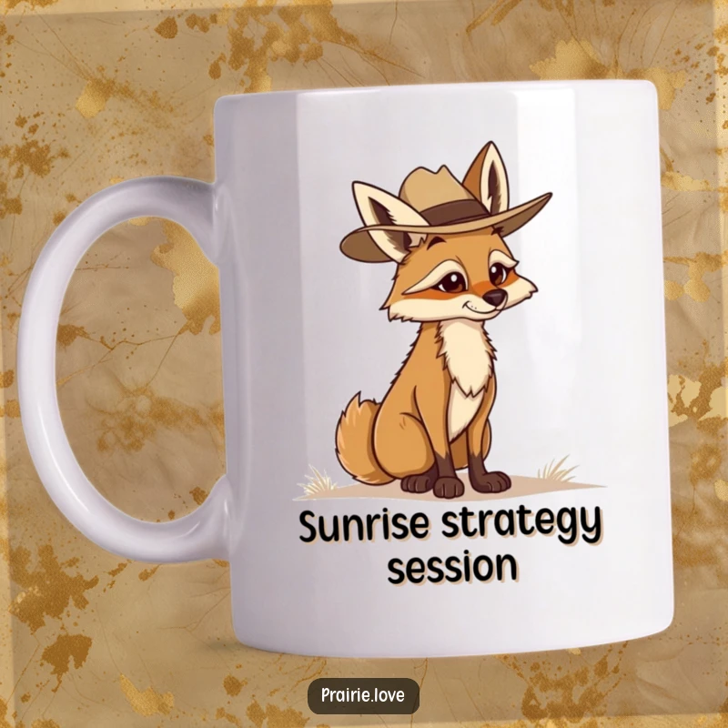 Funny Coyote Ranger Mug: A determined coyote wearing a ranger hat, surveying the distant horizon with focus and resolve.