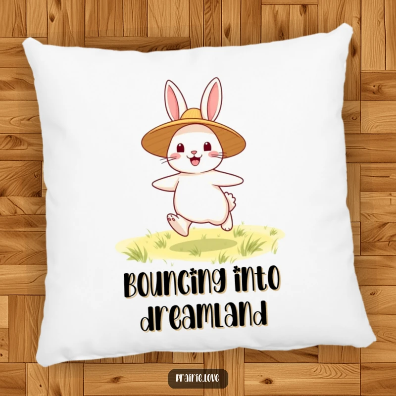 Funny Rabbit Pillow: A soft cushion depicting a happy rabbit with a straw hat, adding playful comfort to any room.