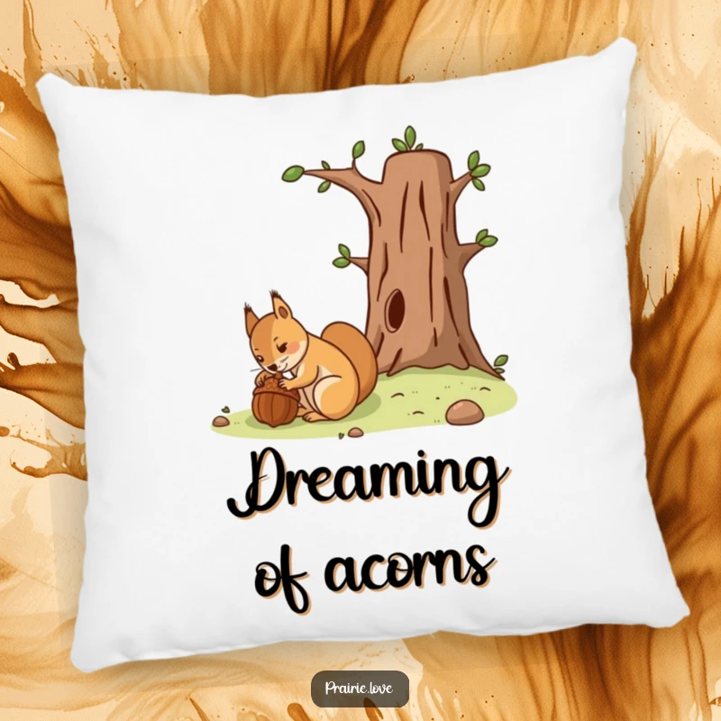Funny pillow featuring a determined squirrel burying an acorn near a stylized tree, adding comfort and foresight.