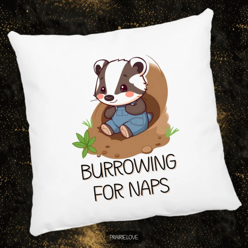 Funny badger gardener pillow, a playful badger in overalls happily tunneling through the soil, soft and humorous.
