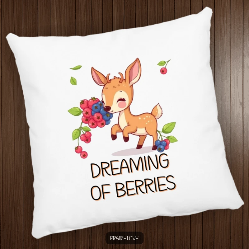 Funny pillow featuring a bouncing deer nibbling on illustrated berries, adding comfort and woodland charm.