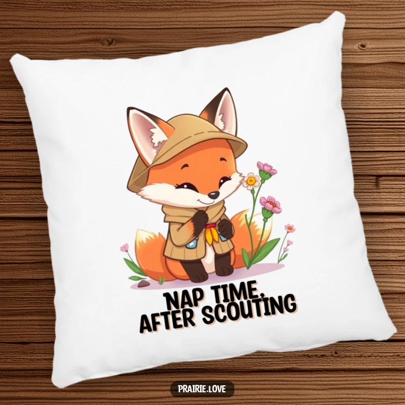 Funny Scout Fox Pillow: A soft cushion featuring a curious fox in scout uniform looking at a flower, adding humor and comfort.