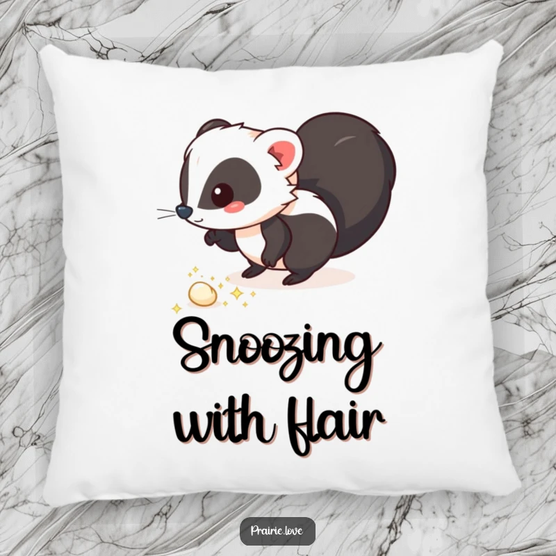 Funny pillow with a whimsical skunk leaving a trail of sparkling, aromatic puffs, offering comfort and a touch of humorous charm.