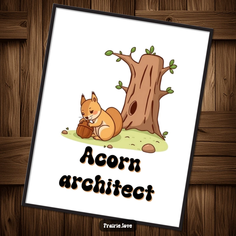Funny digital art print of a determined squirrel burying an acorn near a stylized tree, ready to inspire.