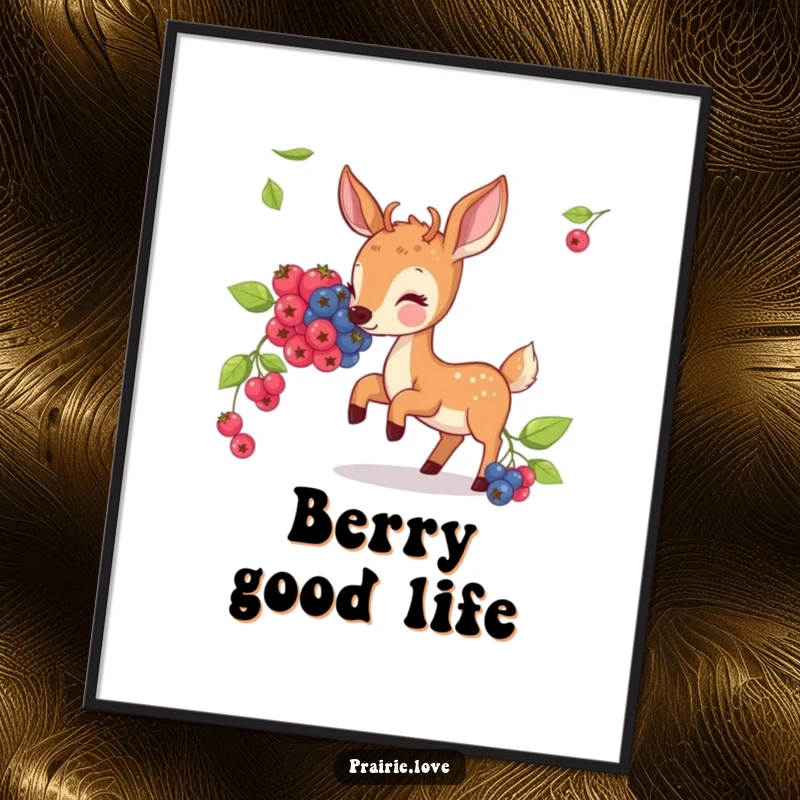Funny digital art print of a bouncing deer nibbling on illustrated berries, ready to enchant any room.