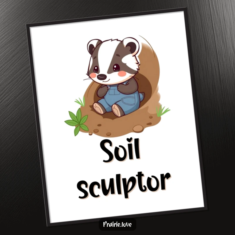Funny badger gardener digital art print, a playful badger in overalls happily tunneling through the soil, instant download.