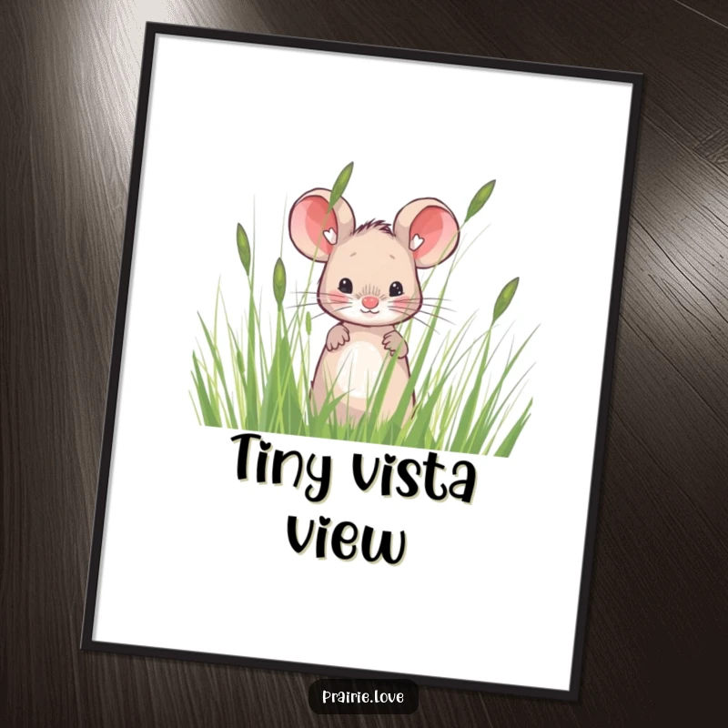 Funny digital art print of a sweet mouse peeking from tall, wispy prairie grass, adding a charming and humorous touch to any display.