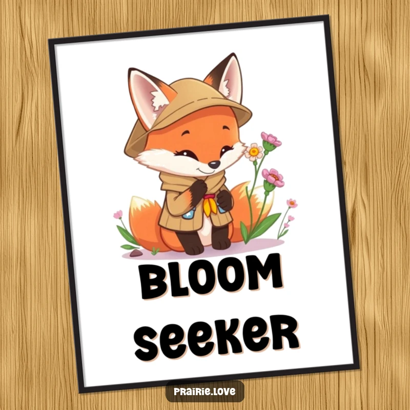 Funny Scout Fox Digital Art Print: A curious fox in scout uniform examining a wildflower, a whimsical downloadable illustration.