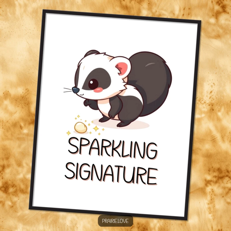 Funny digital art print of a whimsical skunk leaving a trail of sparkling, aromatic puffs, adding a touch of playful magic.