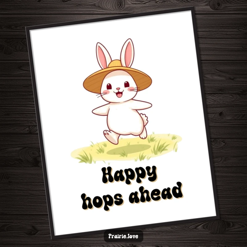 Funny Rabbit Digital Art Print: A happy rabbit in a straw hat bouncing, a charming and downloadable illustration for cheerful decor.