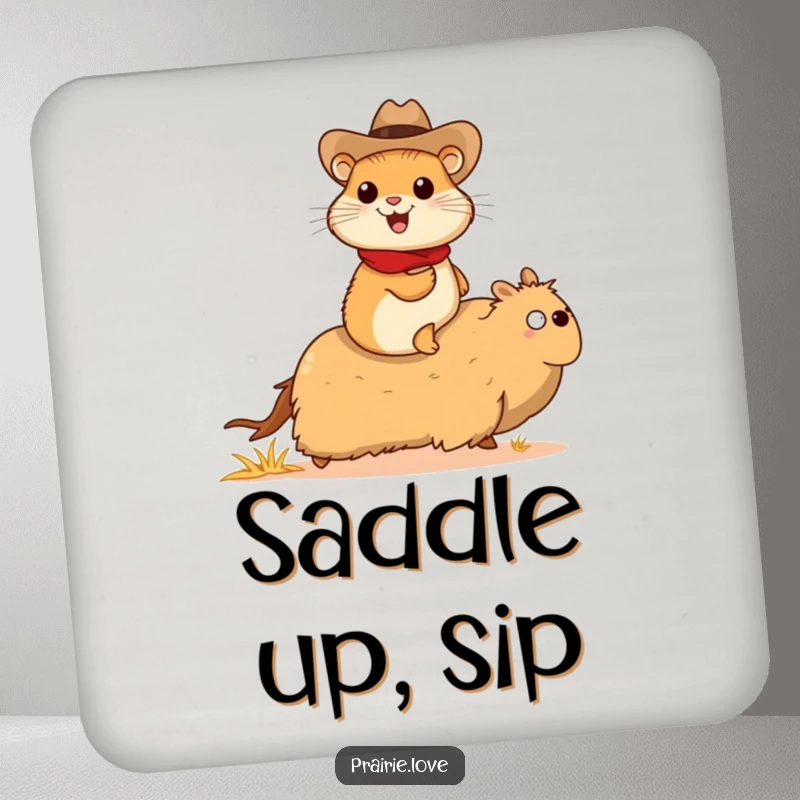 Funny prairie dog cowboy coaster, a cheerful prairie dog in a tiny cowboy hat riding a galloping tumbleweed, protects surfaces.