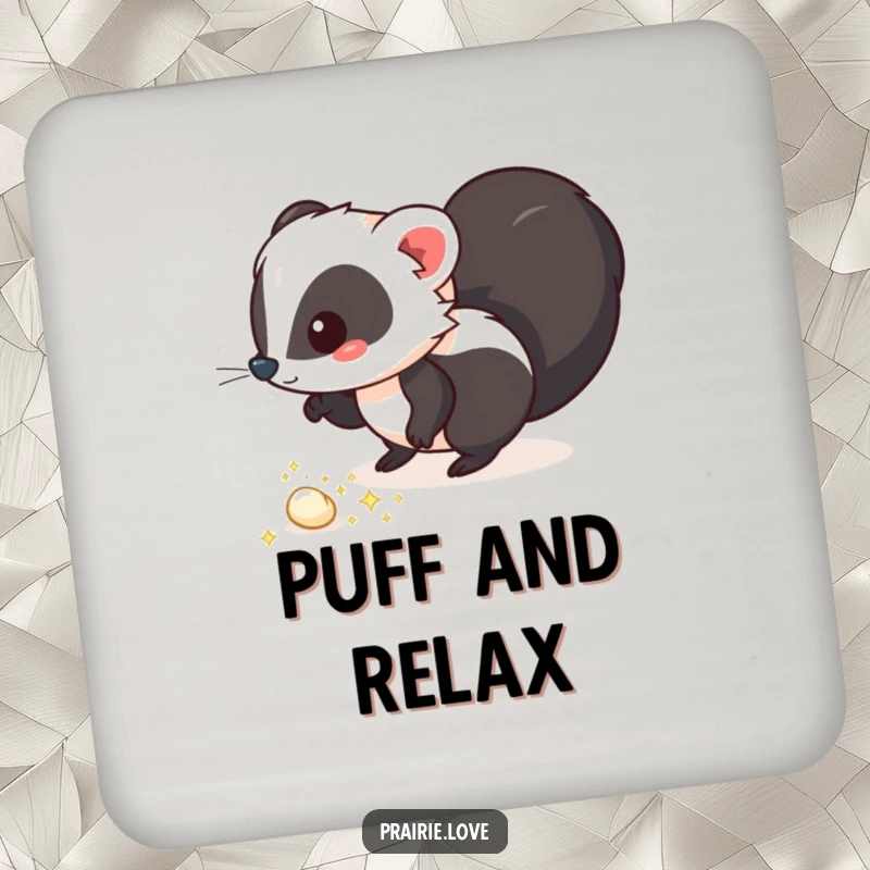 Funny coasters featuring a whimsical skunk leaving a trail of sparkling, aromatic puffs, protecting surfaces with charm and humor.