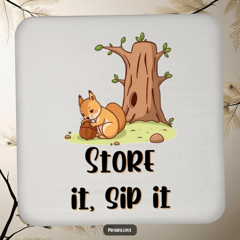 Funny drink coasters featuring a determined squirrel burying an acorn near a stylized tree, protecting surfaces with charm.