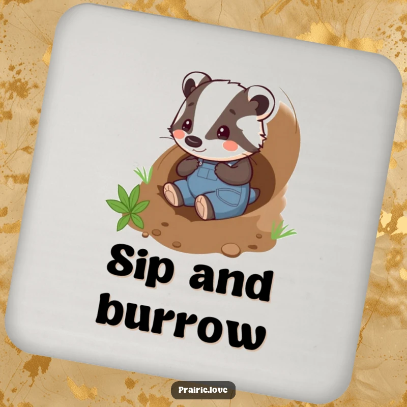 Funny badger gardener coaster, a playful badger in overalls happily tunneling through the soil, protects surfaces.