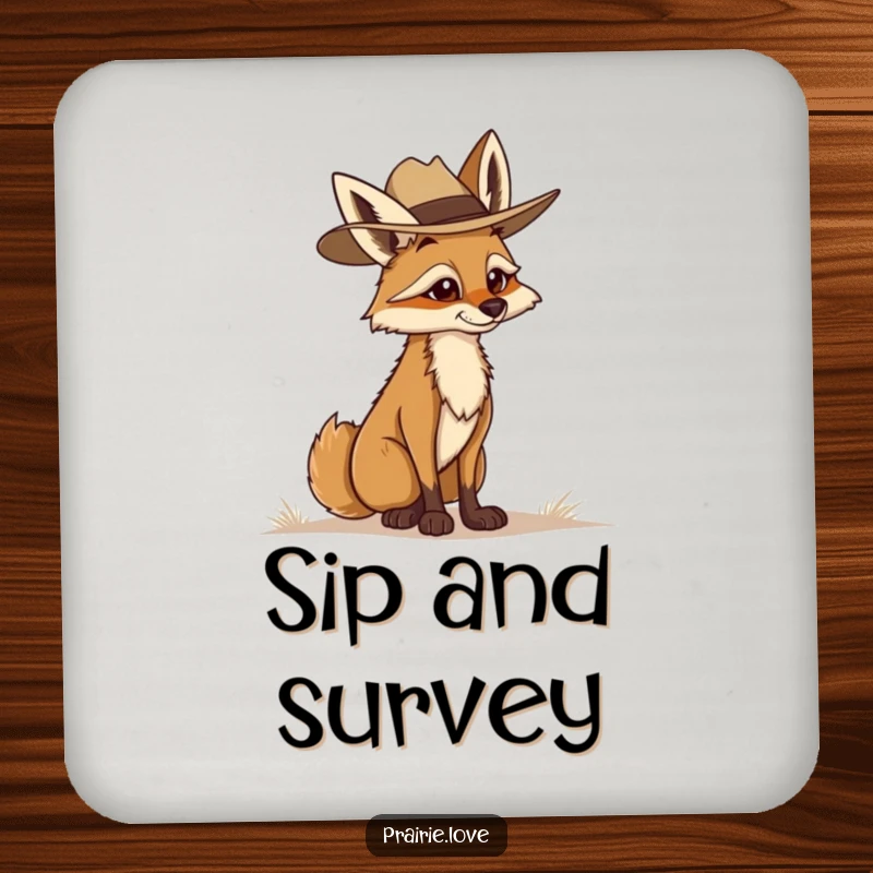 Funny Coyote Ranger Coaster: A determined coyote surveying the horizon design, perfect for protecting surfaces with a watchful attitude.