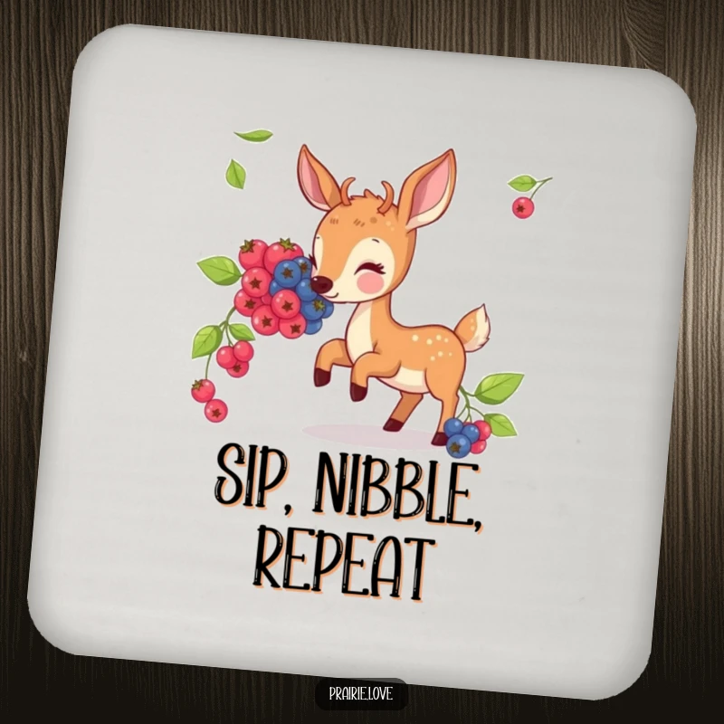 Funny drink coasters featuring a bouncing deer nibbling on illustrated berries, protecting surfaces with charm.