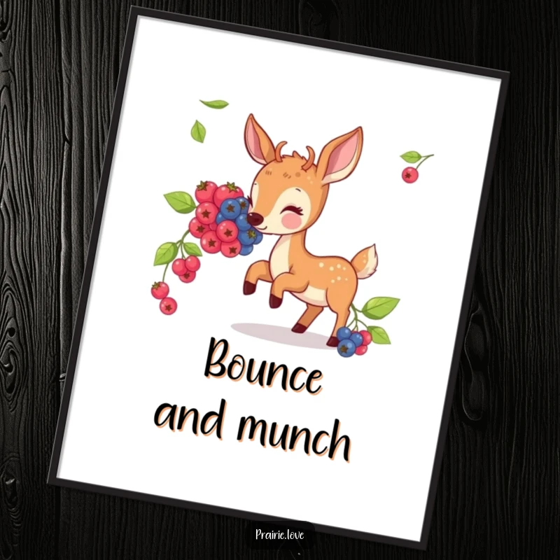 Funny poster of a bouncing deer contentedly nibbling on illustrated berries, a delightful piece of nature art.