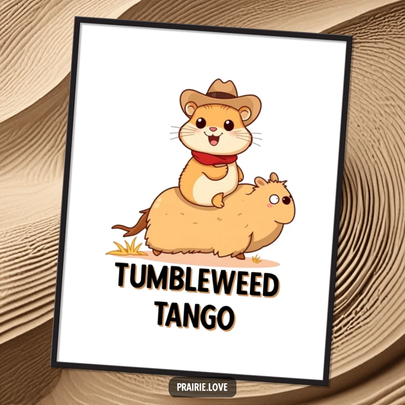 Funny prairie dog cowboy poster, a cheerful prairie dog in a tiny cowboy hat riding a galloping tumbleweed, unique wall art.