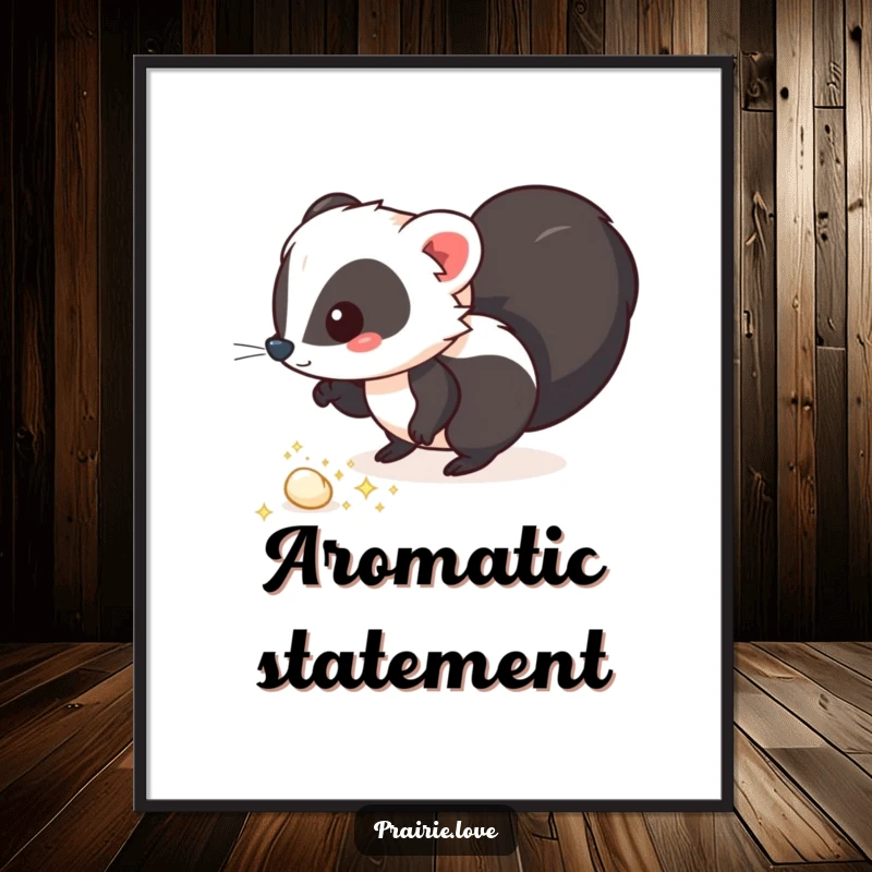 Funny poster featuring a whimsical skunk leaving a trail of sparkling, aromatic puffs, adding a touch of playful magic.