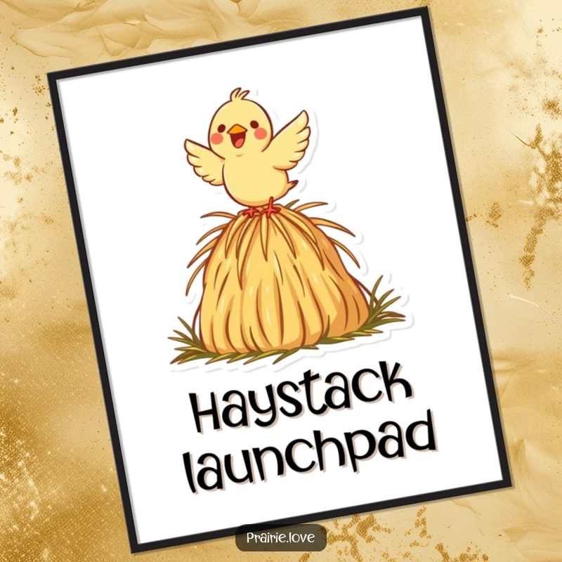 Funny poster featuring a joyful bird taking flight from a decorative haystack icon, symbolizing freedom and a playful spirit.