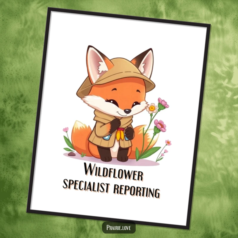 Funny Scout Fox Poster: A curious fox in a scout uniform examining a wild flower, a charming illustration for nature enthusiasts.