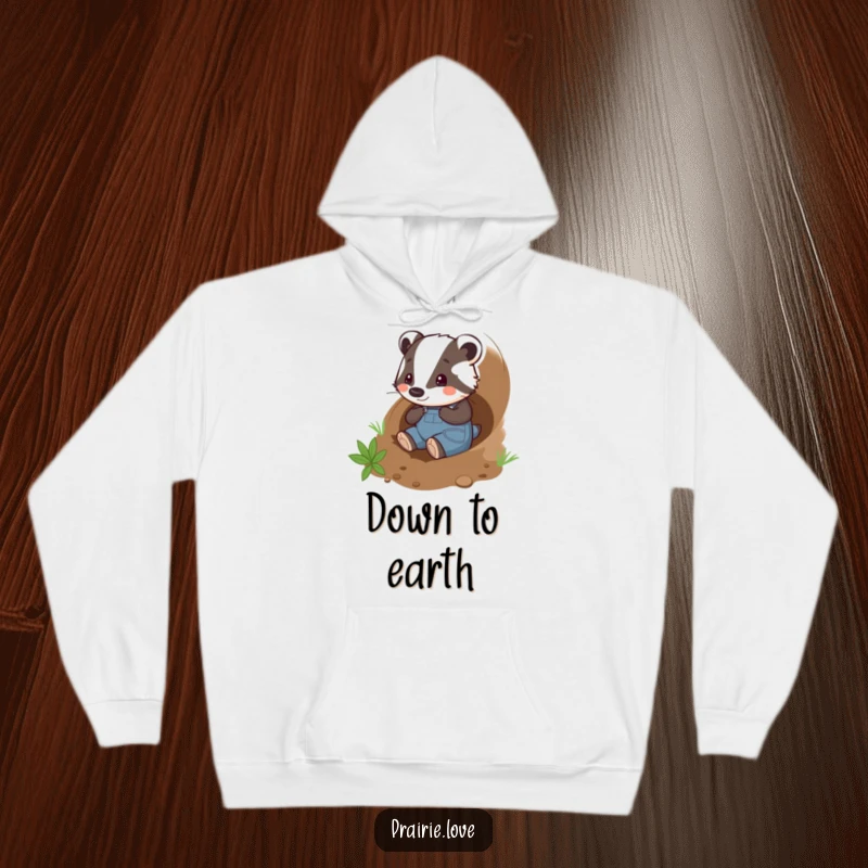 Funny badger gardener hoodie, a playful badger in overalls happily tunneling through the soil, warm and humorous.