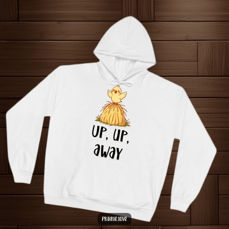 Funny hoodie depicting a joyful bird taking flight from a decorative haystack icon, perfect for comfortable and humorous wear.