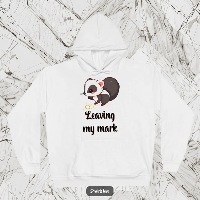 Funny hoodie featuring a whimsical skunk leaving a trail of sparkling, aromatic puffs, perfect for cozy and humorous wear.