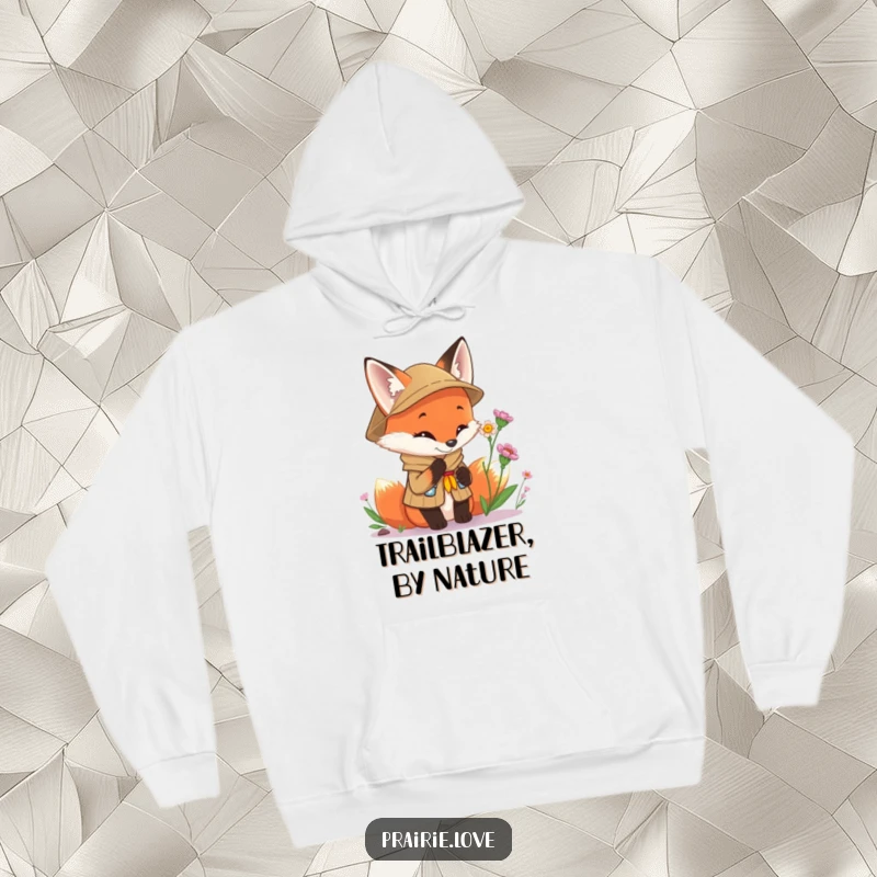 Funny Scout Fox Hoodie: A curious fox in a scout uniform examining a small flower, embodying a cute and inquisitive outdoor spirit.