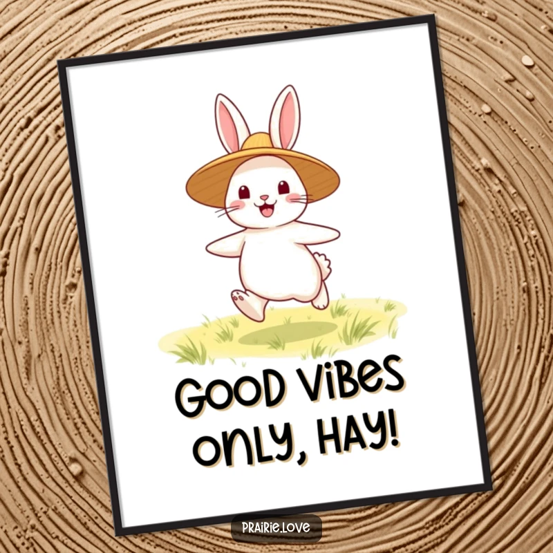 Funny Free Printable Bouncing Rabbit Wall Art: Happy rabbit in straw hat bouncing joyfully, cheerful DIY downloadable decor.