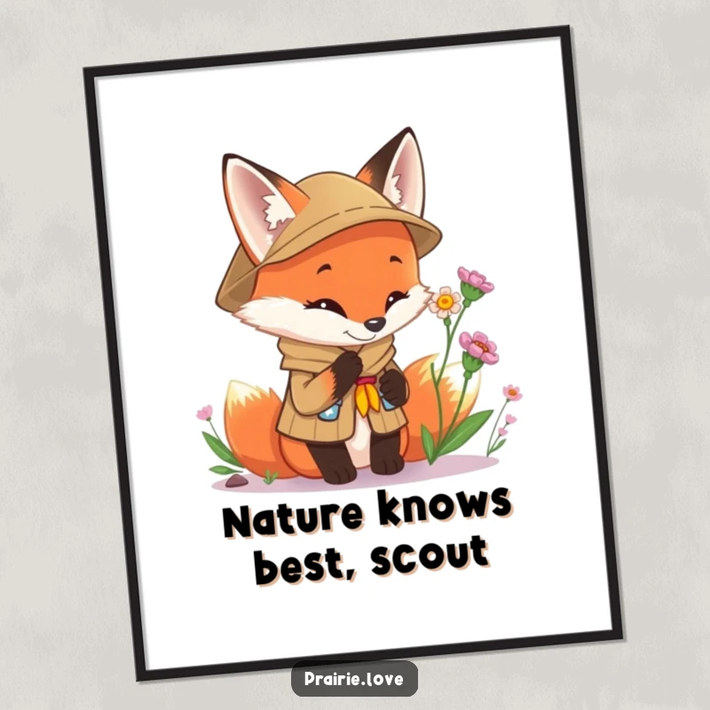 Funny Free Printable Scout Fox Wall Art: Curious fox in uniform examining a flower, whimsical DIY downloadable decor.
