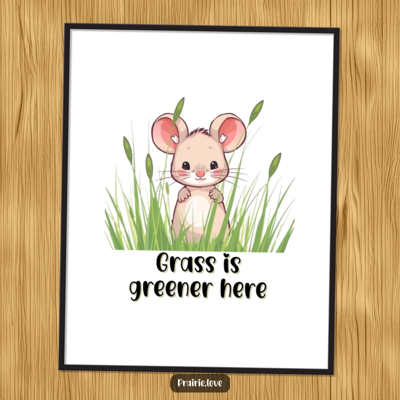 Funny Free Printable Wall Art: A tiny, sweet mouse peeking with curiosity from behind tall, wispy prairie grass, ready to hang.