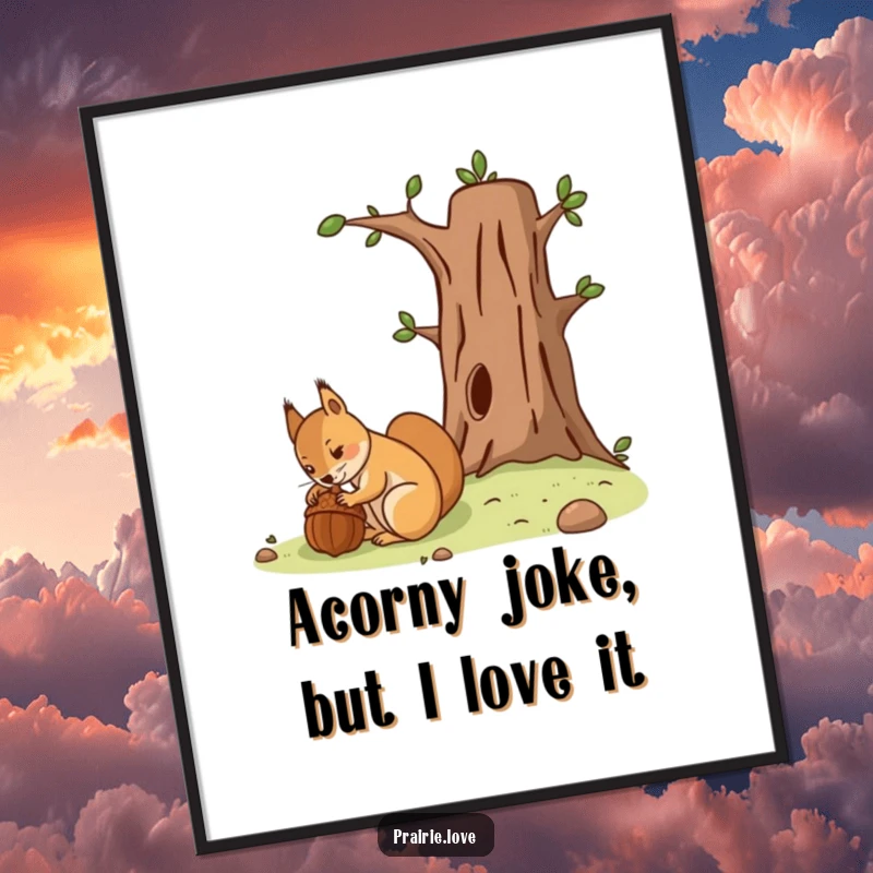 Funny Free Printable Wall Art: A determined squirrel is focused on burying an acorn near a stylized tree, representing diligence and foresight.