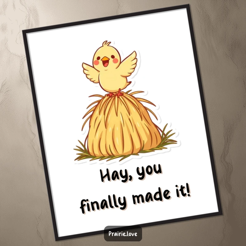 Funny Free Printable Wall Art: A happy bird in mid-flight, soaring upwards from a decorative haystack icon, bringing cheer.