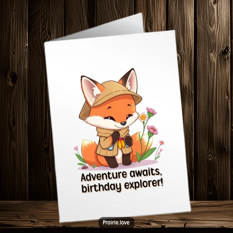 Funny Free Printable Scout Fox Birthday Card: Curious fox in uniform examining a flower, perfect DIY downloadable gift.
